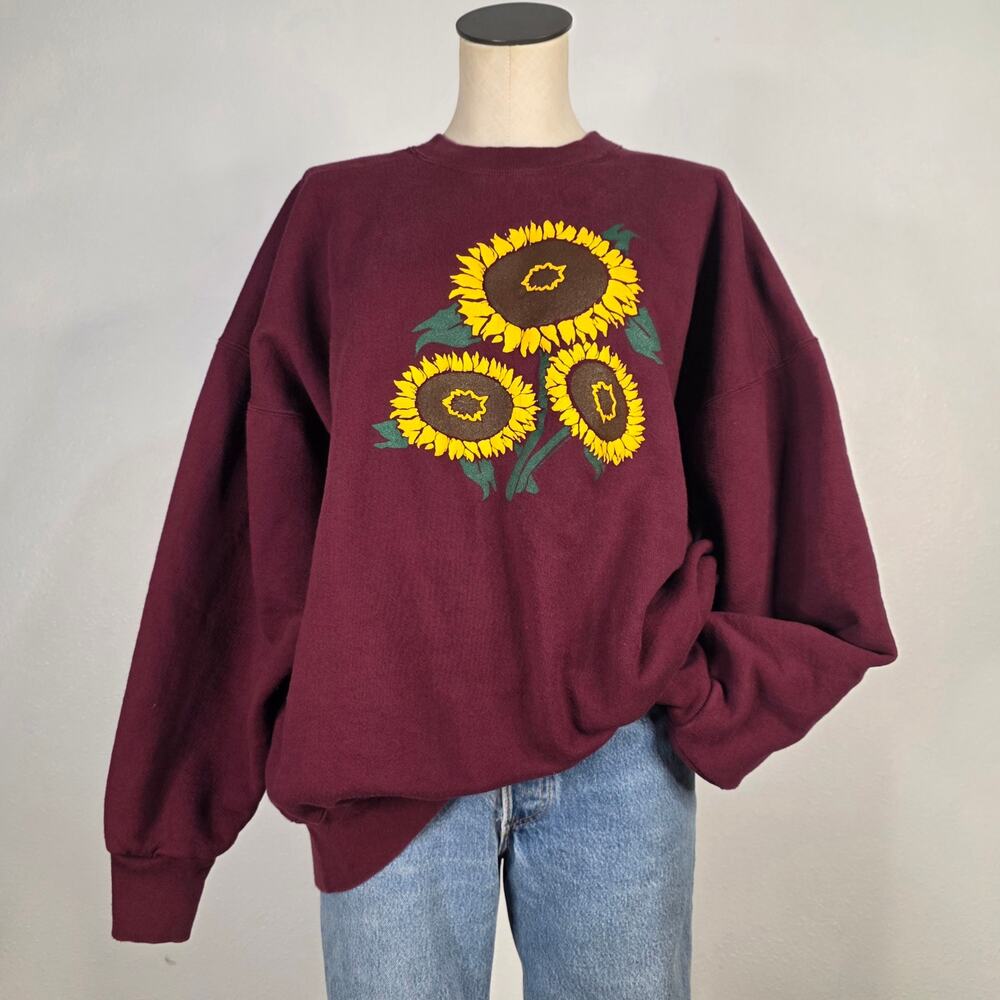 Vintage Crewneck Sweatshirt Sunflower Grandmacore Size XL USA Nature Fall Thick